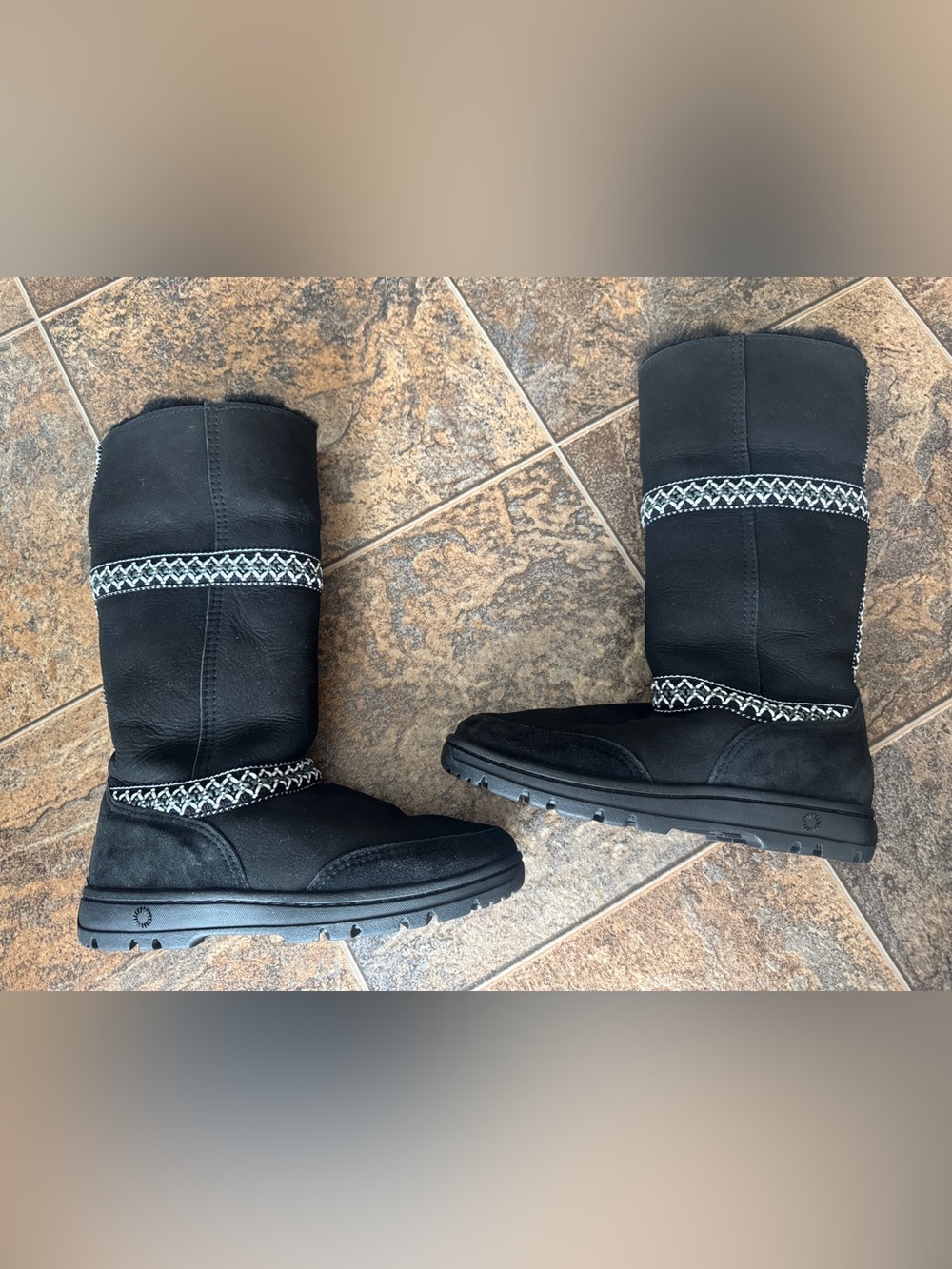 UGG Sundance Revival Tasman Braid Black Suede Fur Tall Boots Women’s Size 7